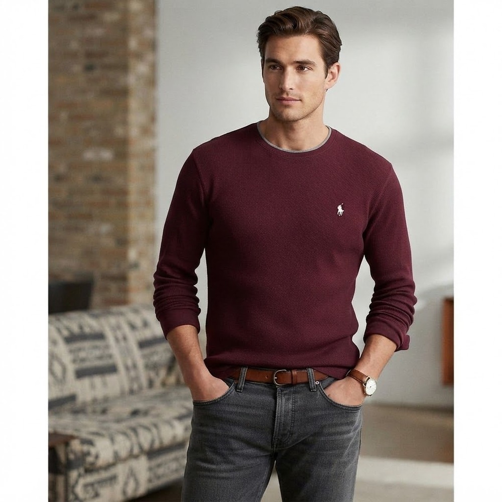 Polo Ralph Lauren Mens XL Thermal Waffle Knit Shirt Burgundy Maroon Long Sleeve